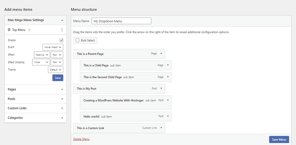 Configuração de elementos na estrutura do menu criado via plugin Max Mega Menu do WordPress