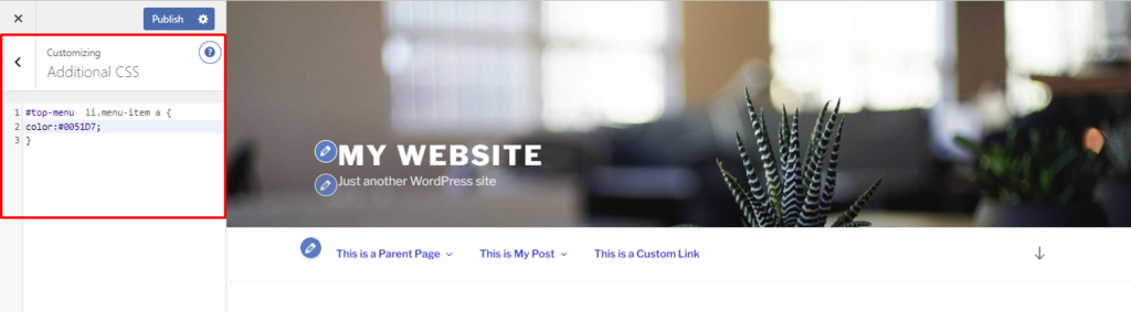 Destaque para o código de alteração da cor da fonte do menu, pelo editor do WordPress
