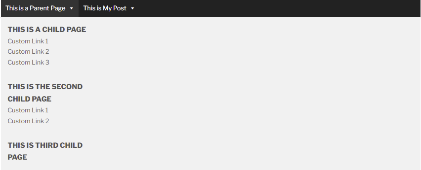 Exemplo de estrutura de um Mega Menu Dropdown com páginas parent e child