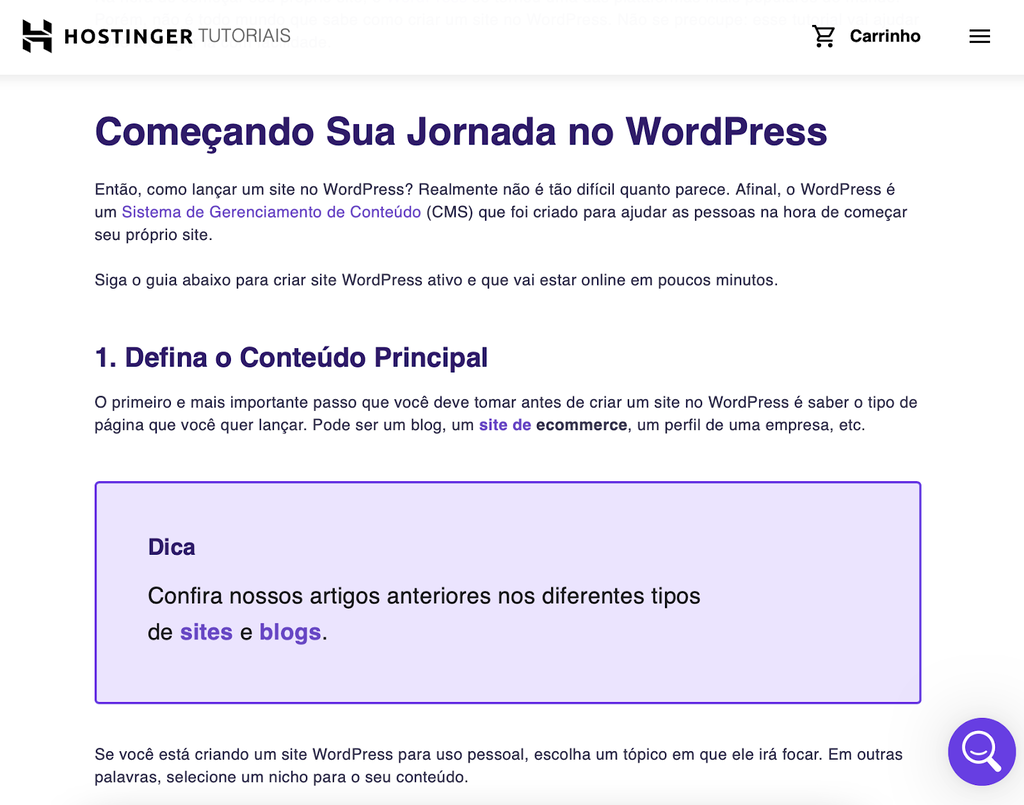 trecho de tutorial da hostinger com destaque para as divis&otilde;es em subt&iacute;tulos
