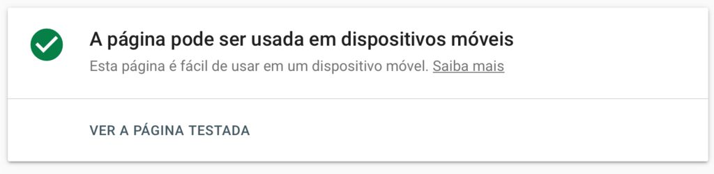 mensagem de aprova&ccedil;&atilde;o no teste de compatibilidade com dispositivos m&oacute;veis do Google