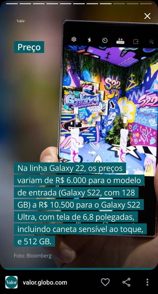 Google Web Story do Valor Econ&ocirc;mico falando sobre os pre&ccedil;os do galaxy S22