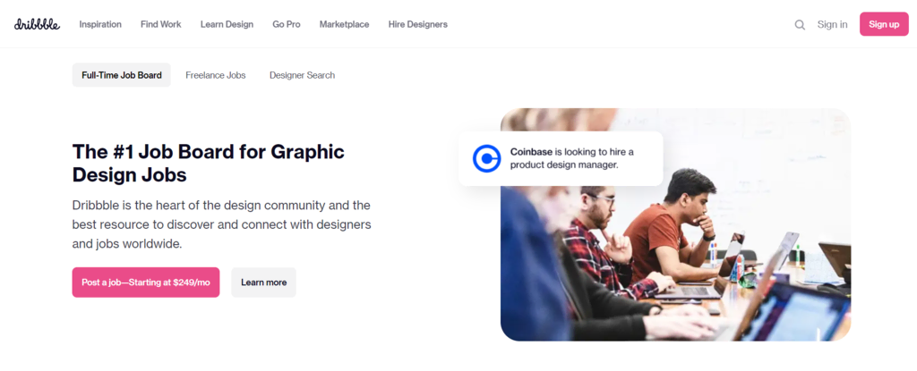 Página inicial do Dribble Jobs, um portal de empregos online para criativos