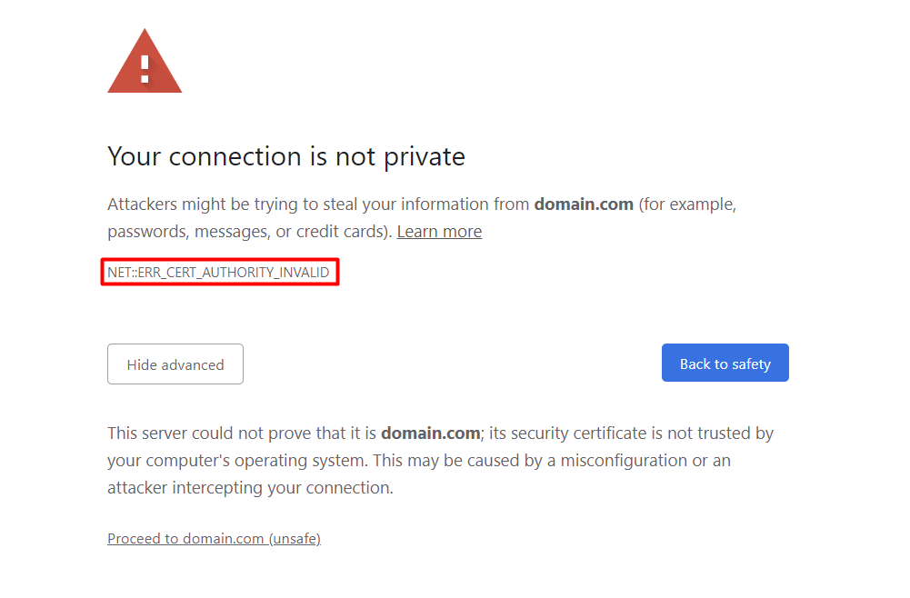 captura de tela indicando como é exibida a mensagem de erro net::err_cert_authority_invalid no navegador Google Chrome