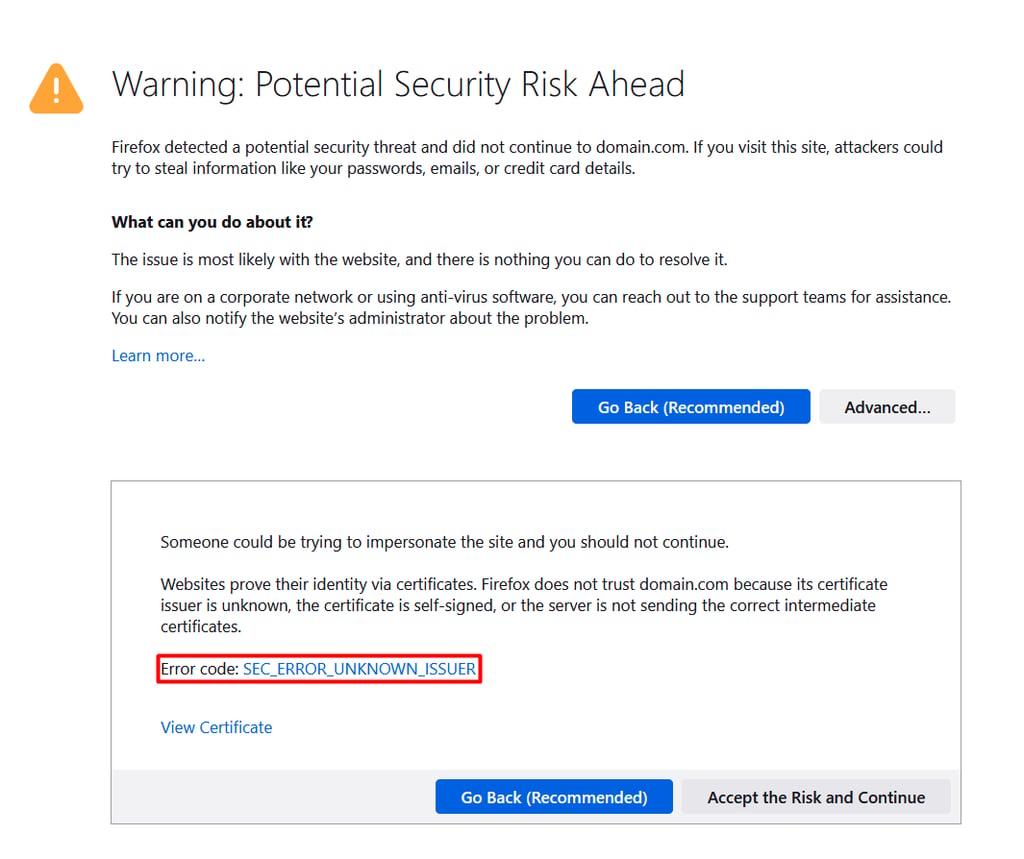 captura de tela indicando como é exibida a mensagem de erro net::err_cert_authority_invalid no navegador Mozilla Firefox