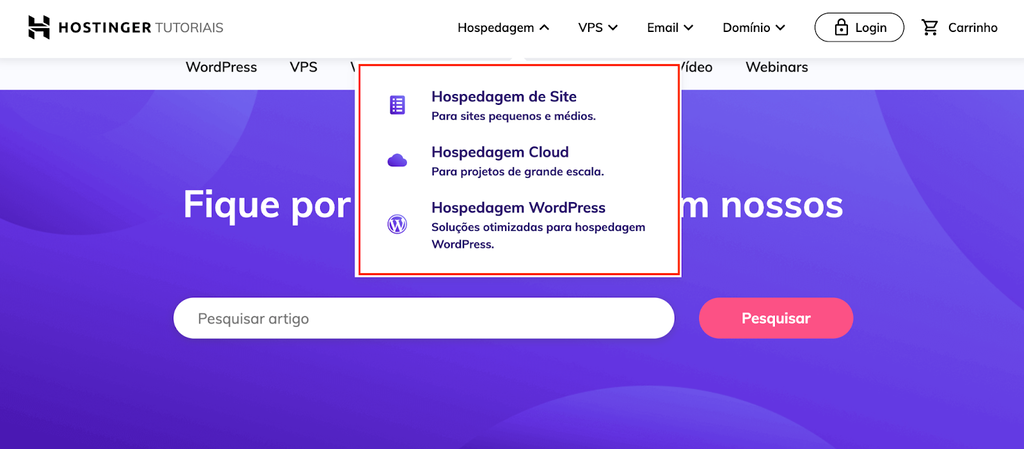 Exemplo de menu cascata na p&aacute;gina de Tutoriais da Hostinger