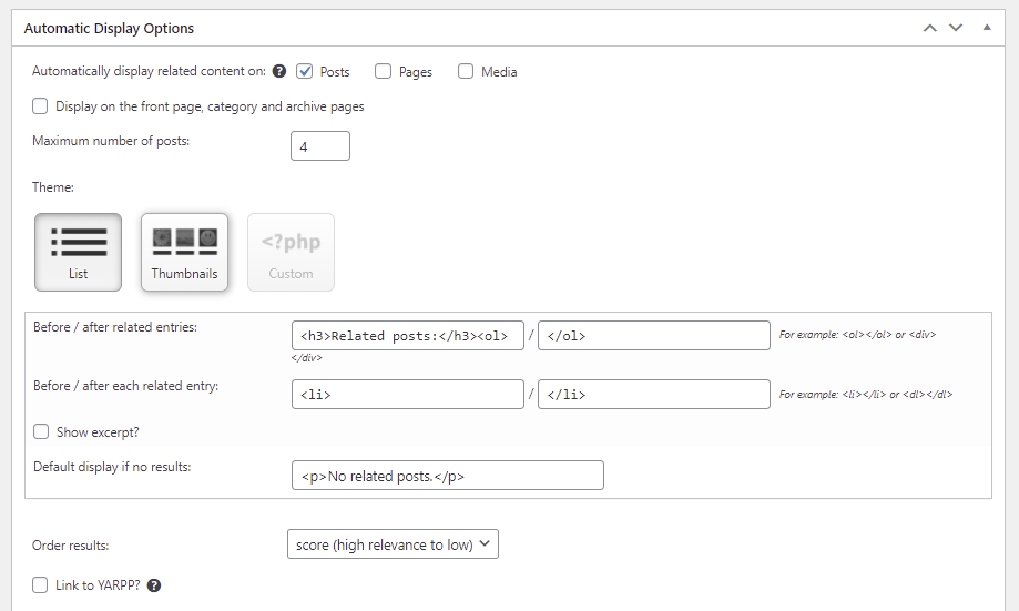 Configuração de exibição automática de posts relacionados pelo plugin YARPP