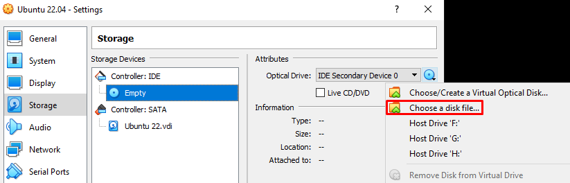 Janela do VirtualBox mostrando como montar o arquivo ISO na unidade de DVD