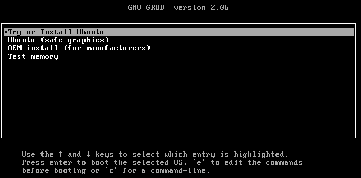 O primeiro passo no processo de instalação do Ubuntu. O botão Experimentar ou Instalar o Ubuntu está selecionado