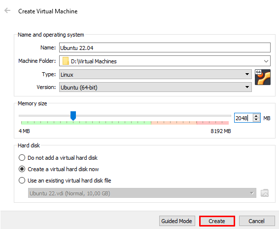 Janela do VirtualBox para especificar o nome da máquina virtual e o tamanho da memória