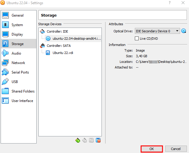 Configurações de armazenamento do VirtualBox