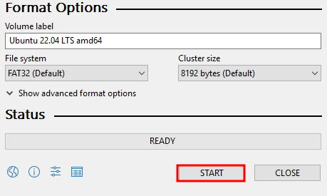 Seção Opções de formato no programa Rufus