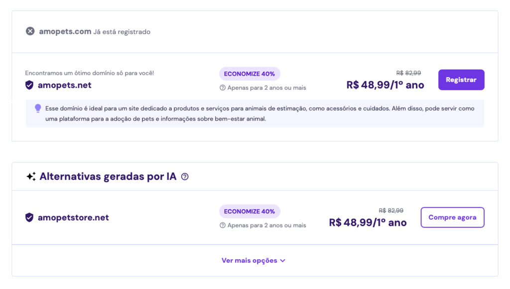 registro de dom&iacute;nio da hostinger sugerindo tld alternativa e alternativas criadas por IA