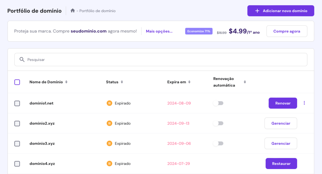 tela de portf&oacute;lio de dom&iacute;nios do hpanel com op&ccedil;&otilde;es de gerenciar e renovar