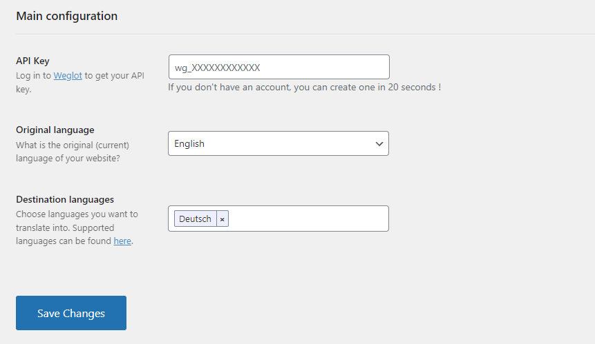 Página de configuração inicial do plugin Weglot com chave API e definição de idiomas - original e traduzido
