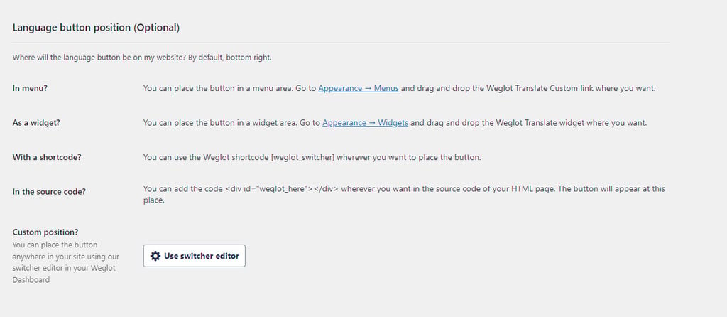 Página de configuração do plugin Weglot com definição do posicionamento dos botões para alterar idioma