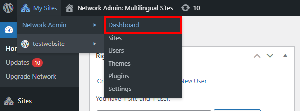 Destaque para a seção do painel da administração do WordPress Multisite