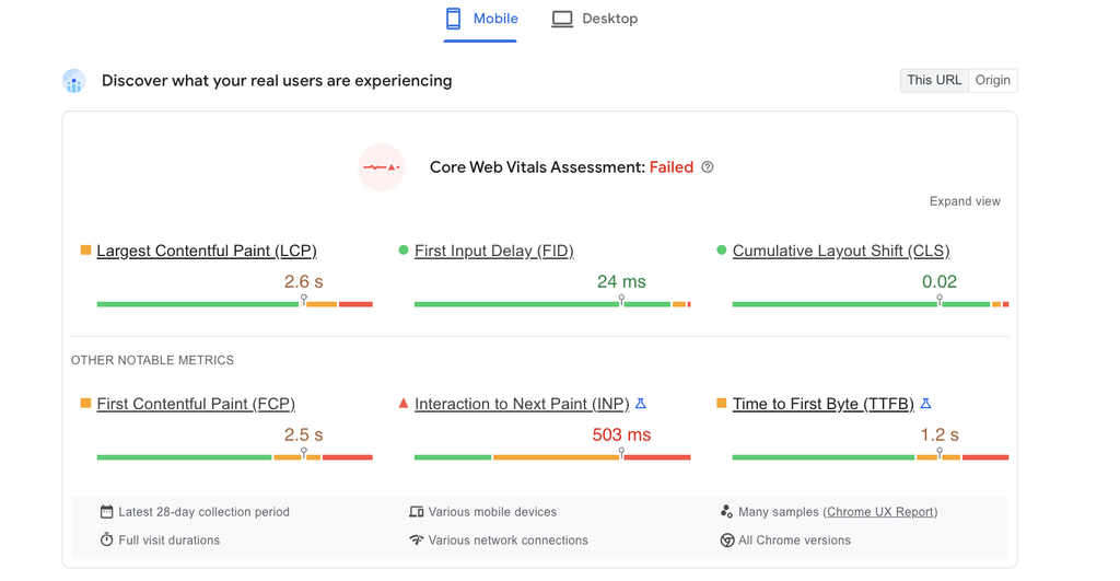 Vis&atilde;o geral da p&aacute;gina de resultado do teste de velocidade do site no Google PageSpeed Insights - vers&atilde;o m&oacute;vel