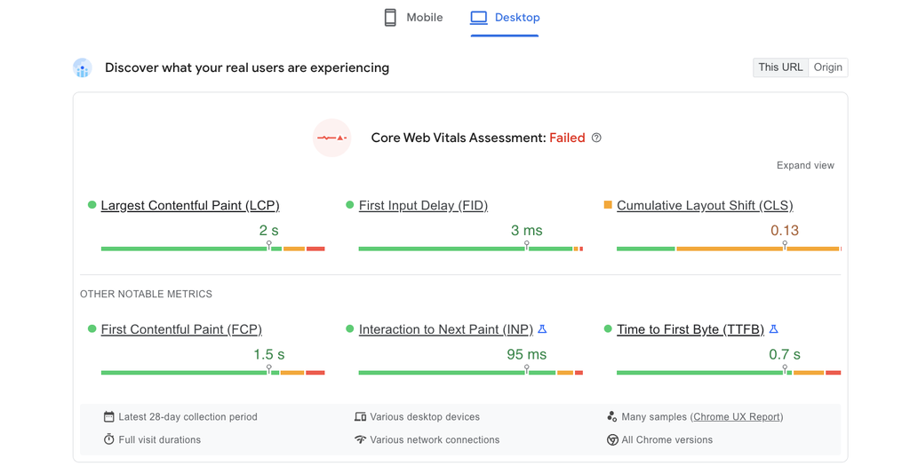 Vis&atilde;o geral da p&aacute;gina de resultado do teste de velocidade do site no Google PageSpeed Insights - vers&atilde;o desktop