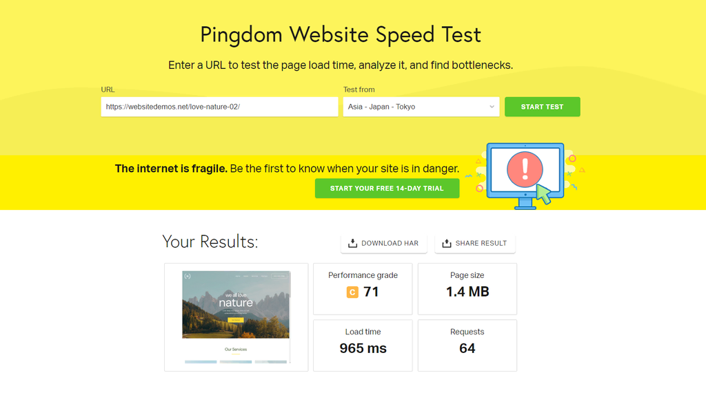 Ferramenta de teste de velocidade Pingdom para verificar o grau de desempenho de um site de demonstra&ccedil;&atilde;o, tamanho da p&aacute;gina, tempo de carregamento e n&uacute;mero de solicita&ccedil;&otilde;es