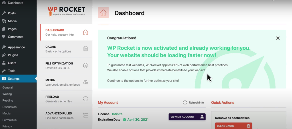 O painel do WP Rocket apresenta configura&ccedil;&otilde;es para cache, otimiza&ccedil;&atilde;o de arquivo, m&iacute;dia, pr&eacute;-carregamento e regras avan&ccedil;adas.