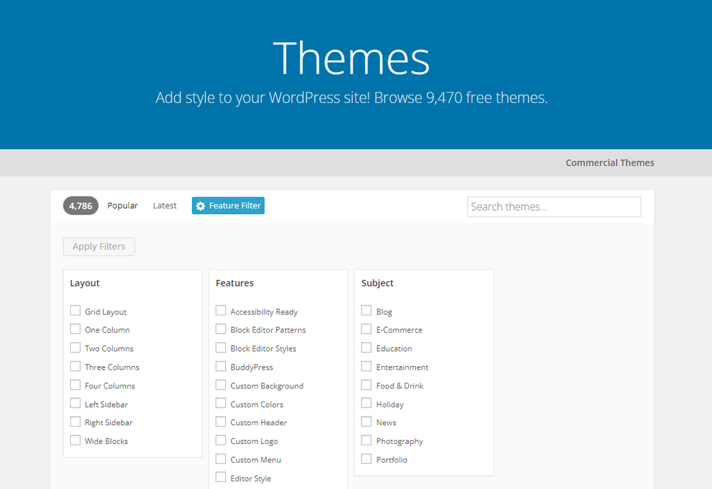 O recurso de filtro do diret&oacute;rio Wordress mostrando tr&ecirc;s colunas &ndash; Layout, Recursos e Assunto
