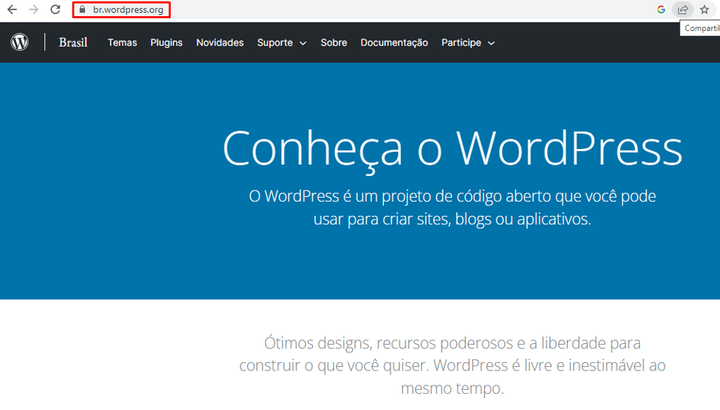 página inicial do WordPress destacando a extensão de domínio