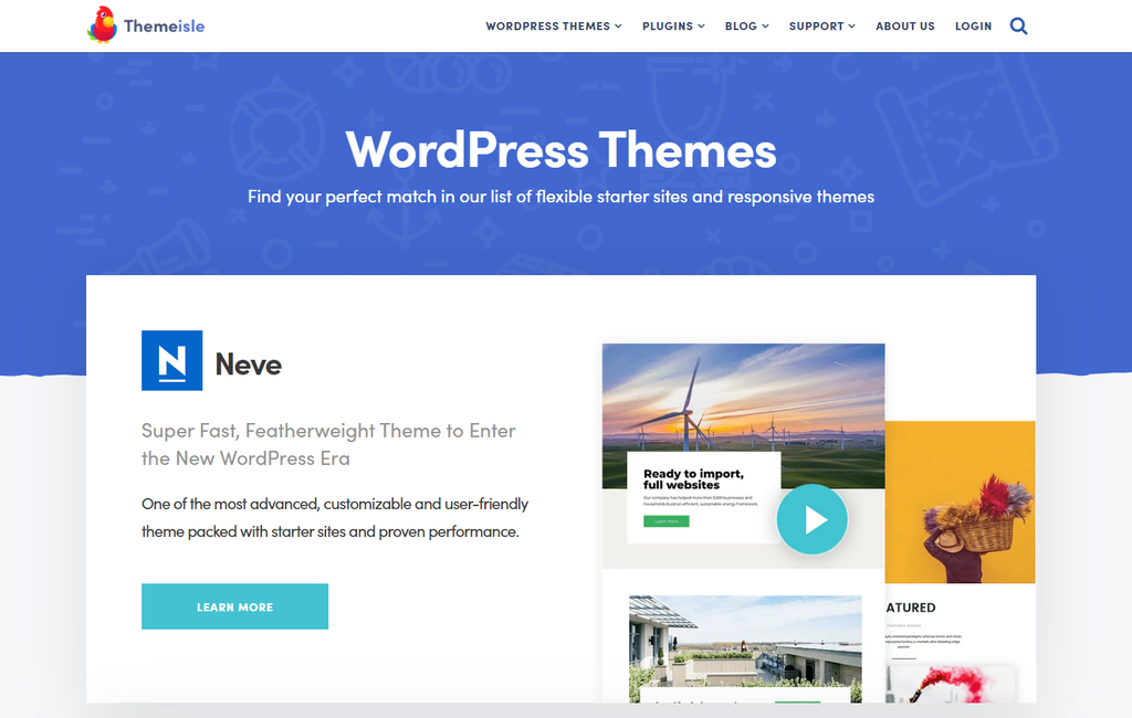 Site da ThemeIsle mostrando o tema Neve, um dos temas dispon&iacute;veis que ela vende