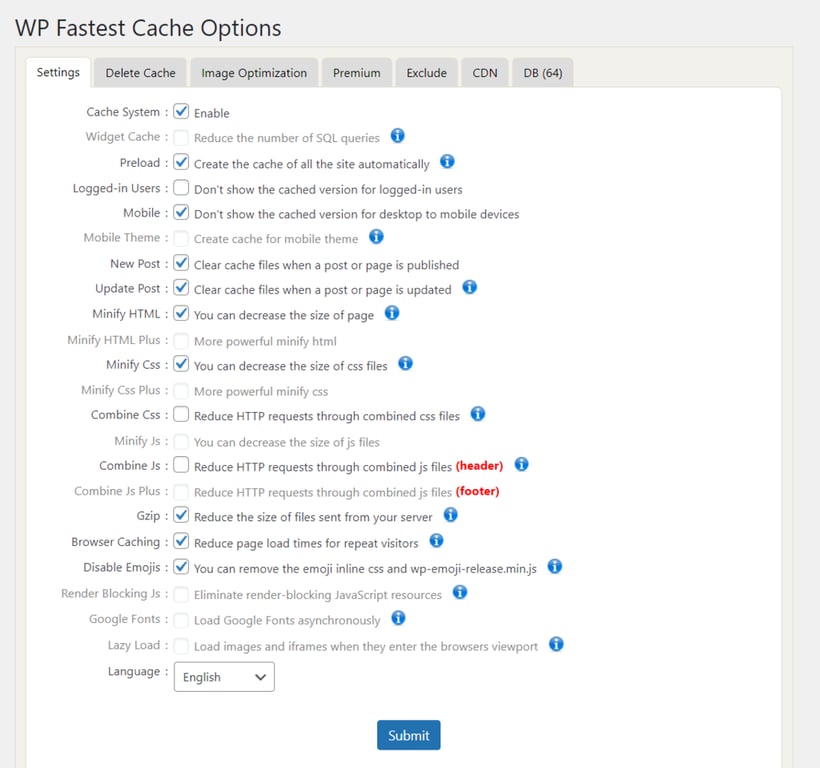 As configura&ccedil;&otilde;es de cache do WP Fastest Cache consistem em caixas de sele&ccedil;&atilde;o com explica&ccedil;&otilde;es