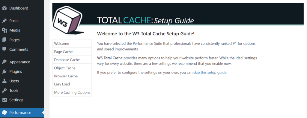 O guia de configura&ccedil;&atilde;o no painel WordPress do W3 Total Cache