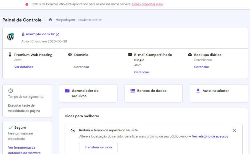 notificação hPanel: Seu domínio não está apontando para Hostinger