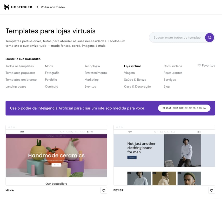 criador de sites da hostinger exibindo templates para lojas virtuais