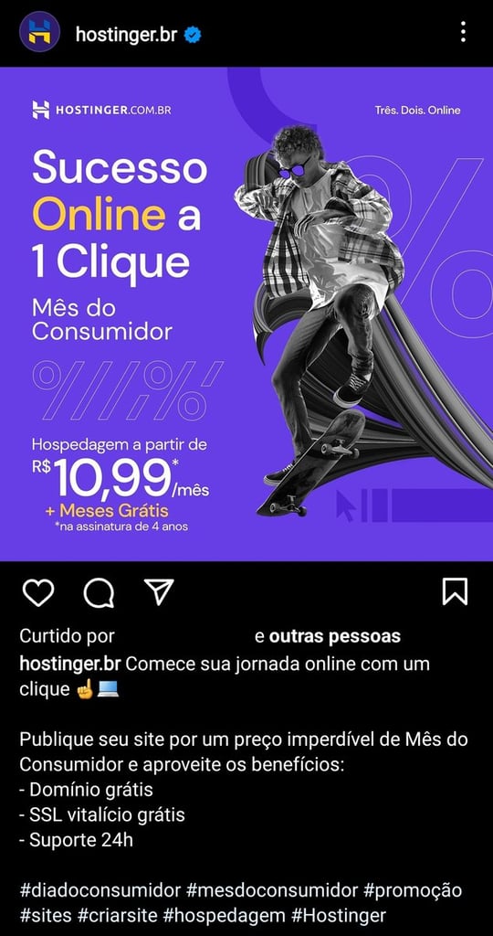 instagram da hostinger exibindo hashtags utilizadas numa postagem