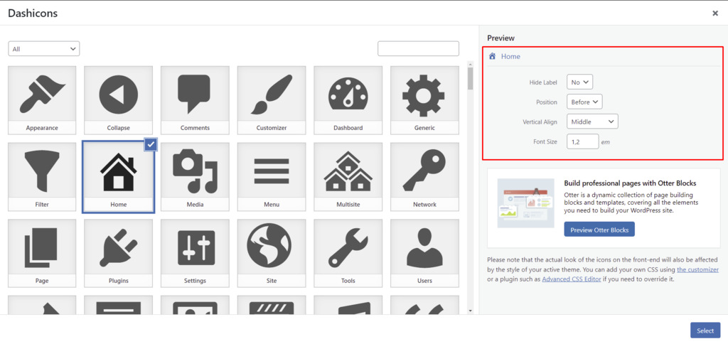 Escolhendo um ícone Dashicons e configurando sua aparência através do plugin ThemeIsle