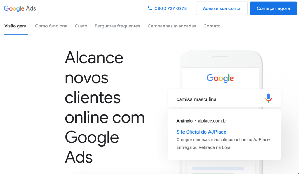 p&aacute;gina inicial do google ads