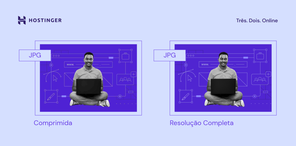 Uma ilustra&ccedil;&atilde;o gr&aacute;fica mostrando como o JPEG aparece em resolu&ccedil;&atilde;o total
e como o JPEG aparece quando compactado