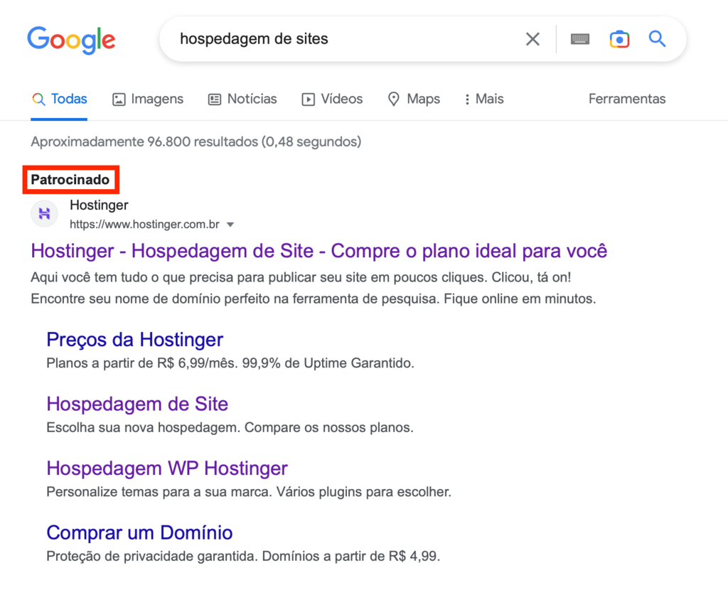 an&uacute;ncio da hostinger no google