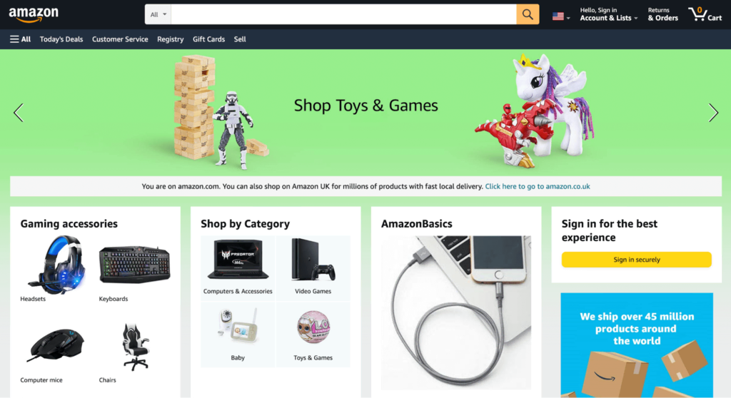 P&aacute;gina inicial do site da loja virtual Amazon