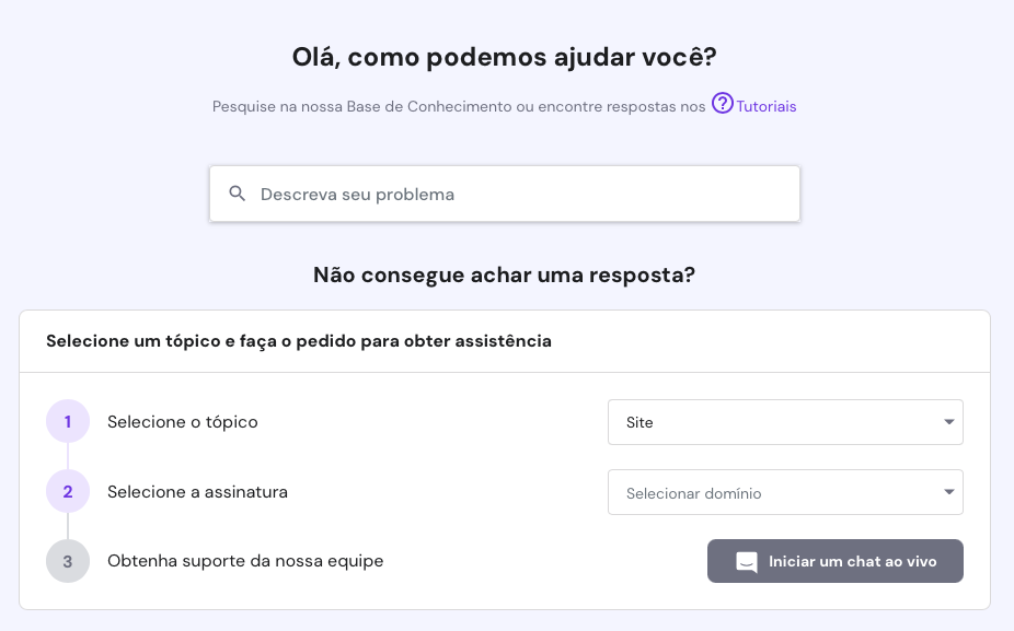 tela de suporte no hpanel