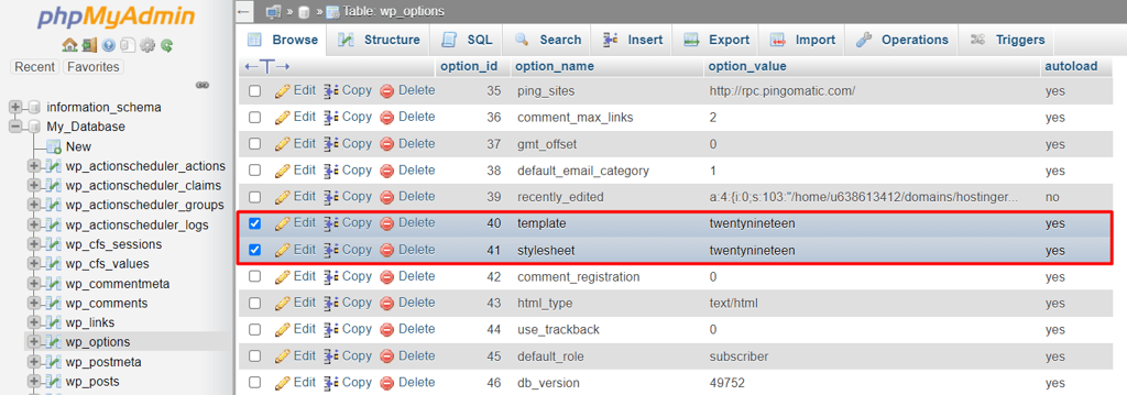 editando as linhas template e stylesheet de um tema wordpress no phpmyadmin