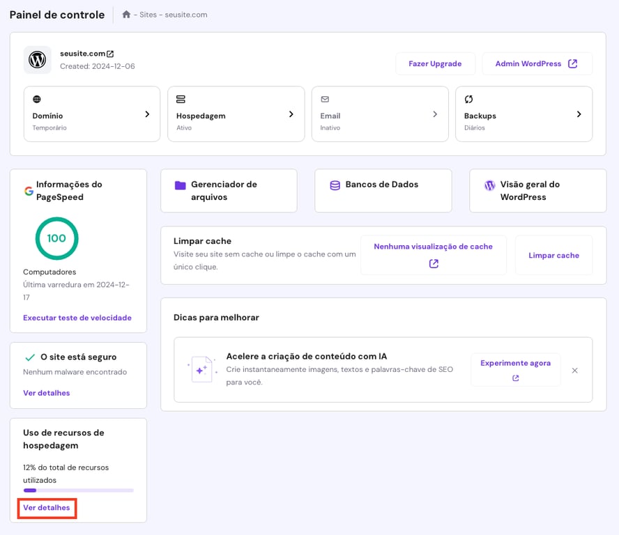visão geral do site no hpanel com botão "ver detalhes" do uso de recursos de hospedagem em destaque