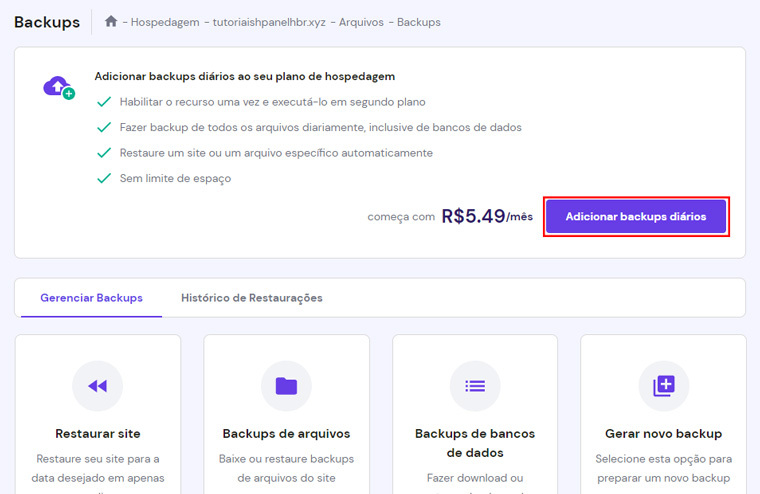op&ccedil;&atilde;o de adicionar backups di&aacute;rios no hpanel da hostinger