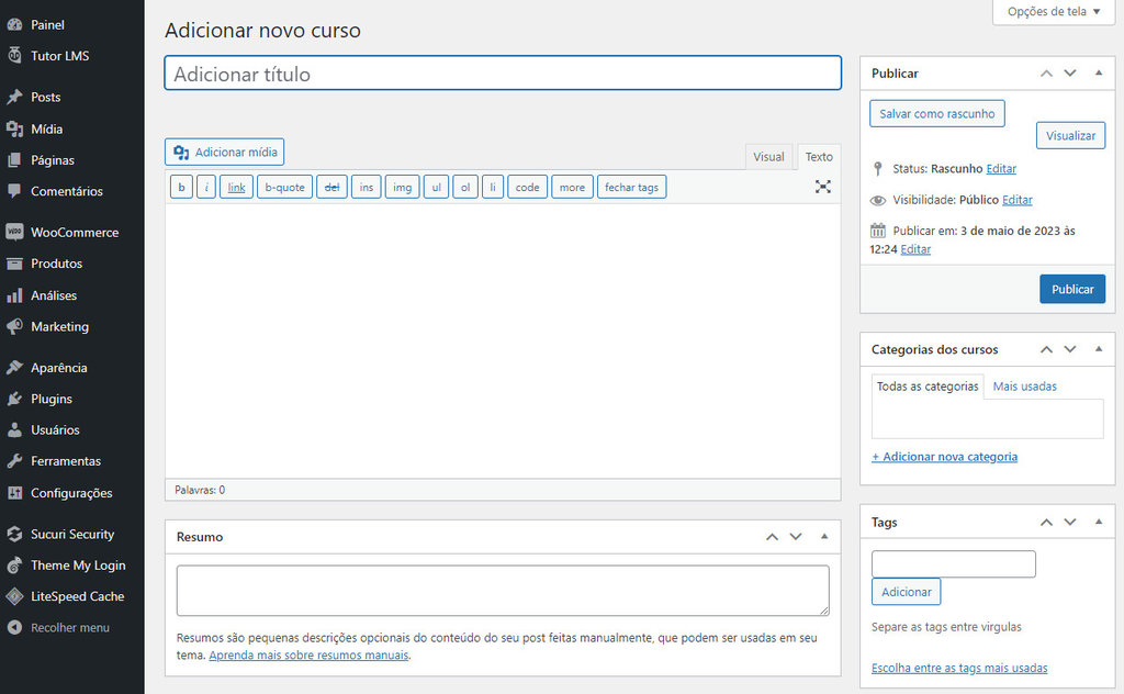p&aacute;gina de cria&ccedil;&atilde;o de cursos online pelo Tutor LMS Pro