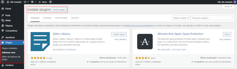 tela de plugins do wordpress