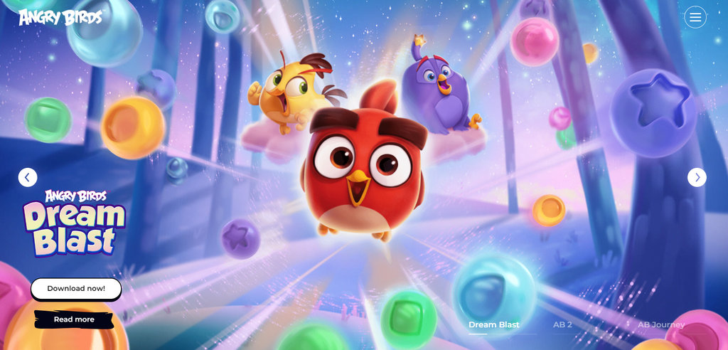 p&aacute;gina inicial da franquia Angry Birds, anunciando o jogo Angry Birds Dream Blast