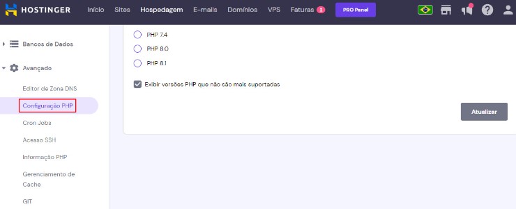 Menu de configuração PHP do painel de controle da Hostinger