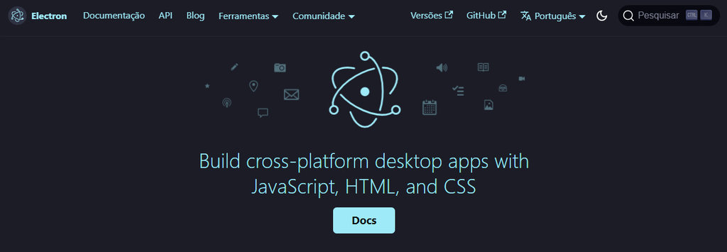 p&aacute;gina inicial do site do Electron JS