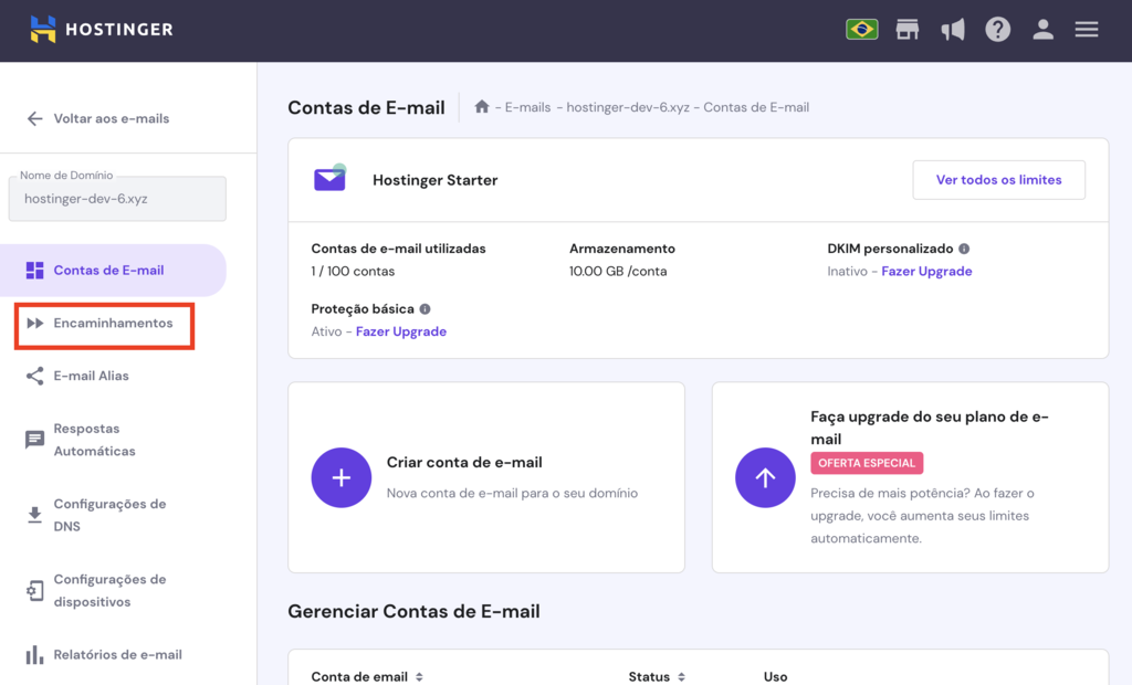 localizar seção de encaminhamento de email na hostinger
