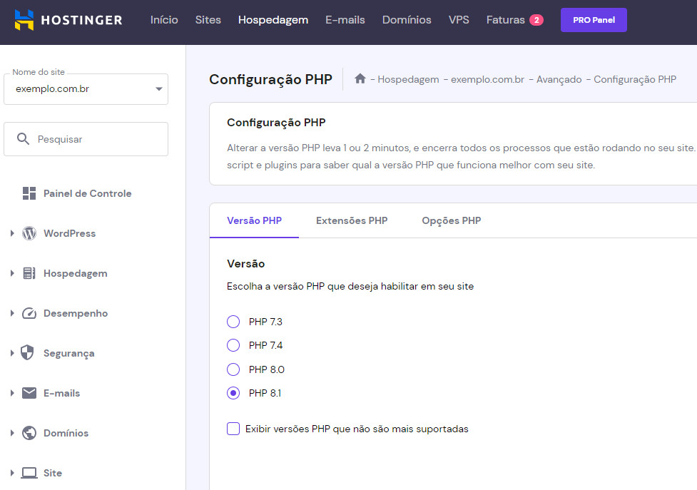 Versões PHP disponíveis no painel para atualizar
