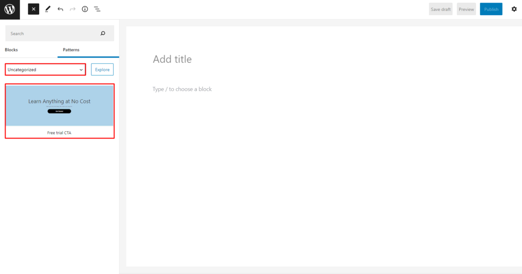 Adicionando o bloco recém criado em um post/página pelo editor de blocos, categoria Uncategorized na aba de Patterns